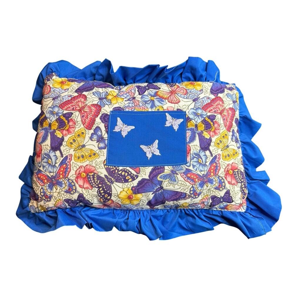Ruffle Pillow- Blue butterflies- front pocket- handmade- cottage fairy core